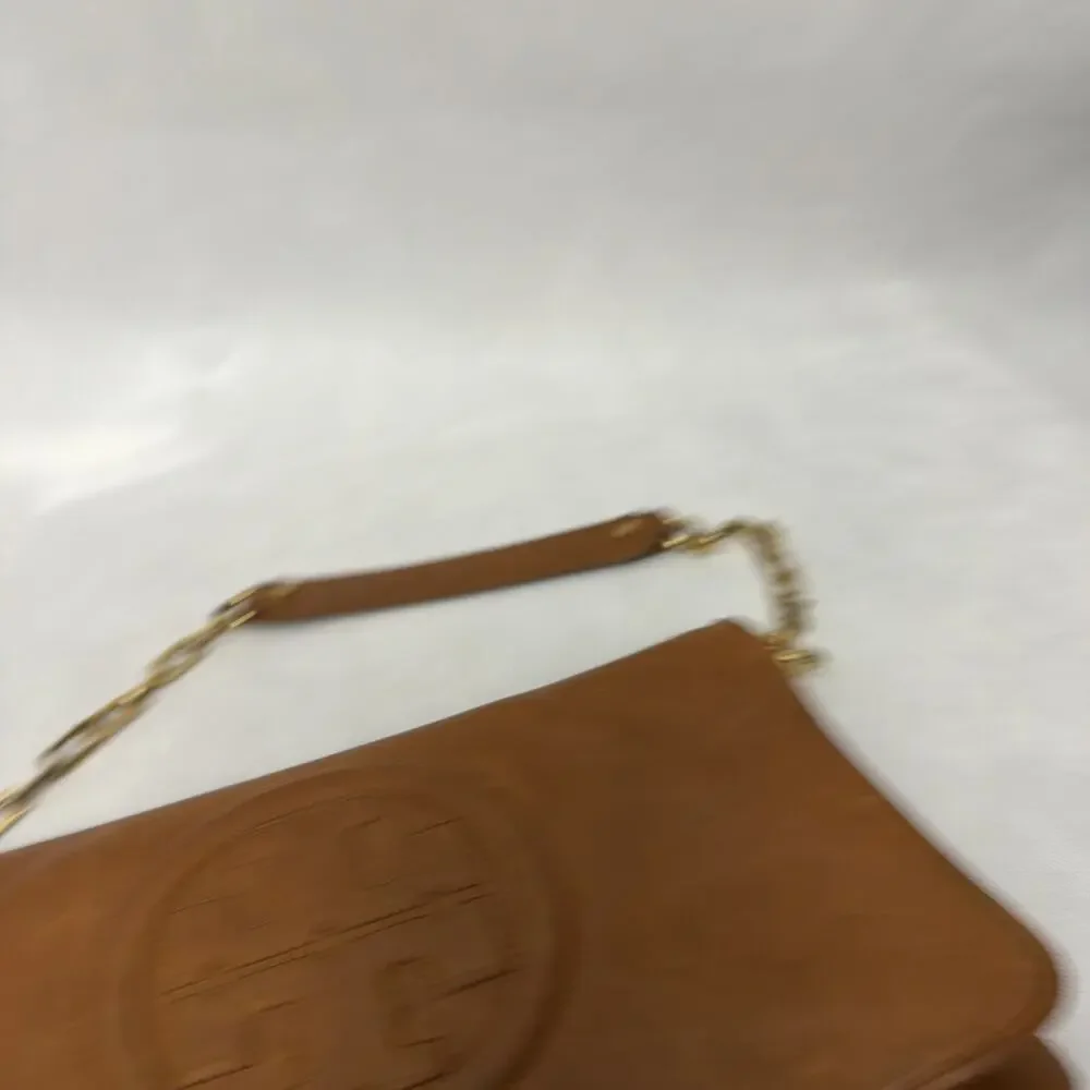 Tory Burch Reva Clutch Bag Cognac Bombe Leather Gold Chain Shoulder Purse